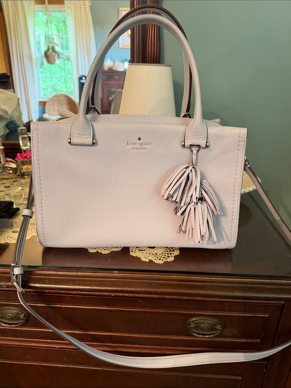 kate spade Light Blue Leather Satchel with Tassel Accent
